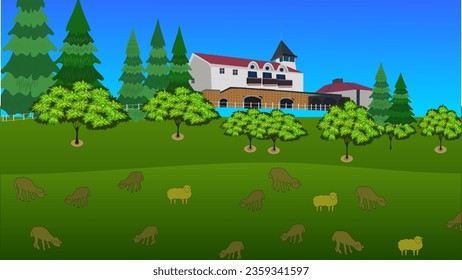 Landscape of mountains and lakes. vector illustration. Cartoon flat panorama of spring summer beautiful nature, green grasslands meadow with flowers, forest, scenic blue lake and mountains