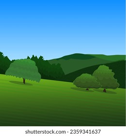 Paisaje de montañas y lagos. ilustración vectorial. Caricatura panorámica plana del verano de primavera hermosa naturaleza, prado de praderas verdes con flores, bosque, pintoresco lago azul y montañas