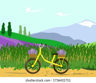 Montañas paisajistas y campos de lavanda con una bicicleta en primer plano
