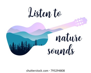 Landscape with mountains, mist and forest at sunrise. Double exposure, panoramic view, Guitar shape