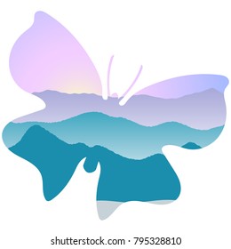 Landscape with mountains, mist and forest at sunrise. Double exposure, panoramic view, butterfly shape