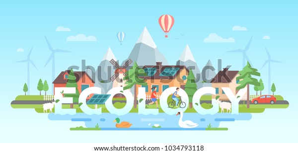Landscape with mountains - modern flat design style\
vector illustration on blue background. A composition with nice\
buildings, people, trees, solar panels, windmills, pond with birds.\
Ecological theme