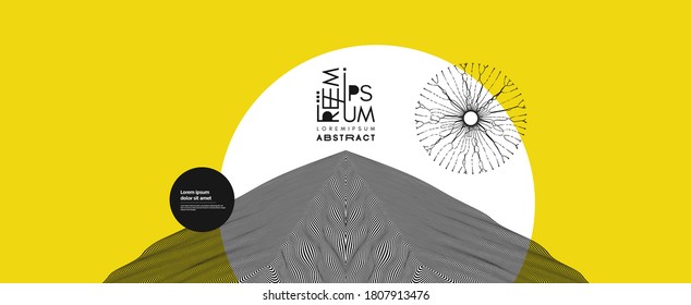 Paisaje con montañas y luna. Fondo con ilusión óptica. El patrón puede utilizarse como plantilla para folletos, revistas, afiches, presentaciones, volantes o banners. Ilustración vectorial 3d.