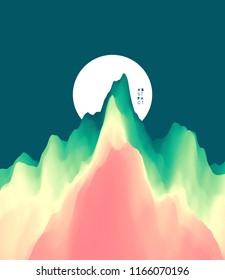 Landscape with mountains and moon. Mountainous terrain. Abstract background. Vector illustration. 