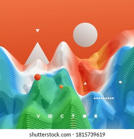 Landscape with mountains and moon. Mountainous terrain. 3D abstract background. Futuristic vector illustration.