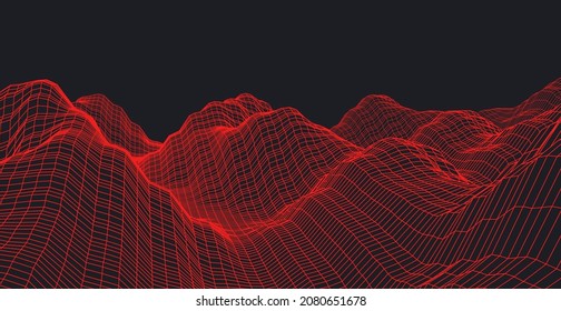 Landscape with mountains. Mountainous terrain. Abstract background. Cyberspace grid. 3d technology vector illustration.