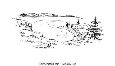 Landscape with mountains, nature, lake. Sketch. Vector illustration.