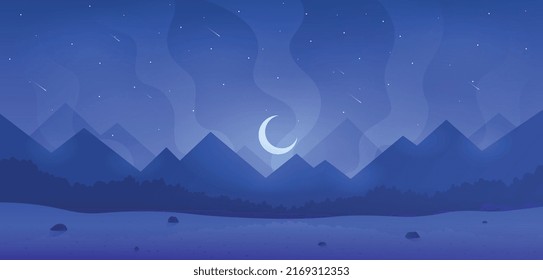 Landscape of mountains night. Moon rises above rocks and peaks. Wallpaper for phone or computer. Wildlife at night, snowy place and cold weather, high points. Cartoon flat vector illustration
