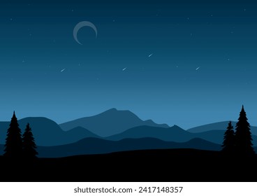 Landscape with mountains at night. Vector illustration in flat style.