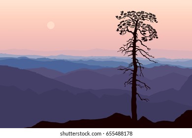 Landscape with mountains and old pine. Banner or card template. Freehand drawing