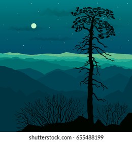 Landscape with mountains and old pine. Banner or card template. Freehand drawing