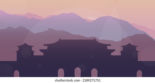 Landscape with mountains and Palace of Beijing, vector file, silhouettes.