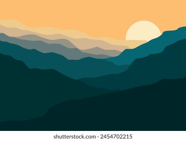Landscape with mountains panorama. Vector illustration in flat style.