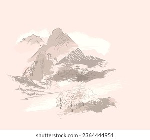 landscape mountains pastel japanese chinese traditional vector illustration card background colorful watercolor ink textured korean