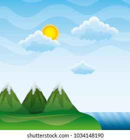 landscape mountains peak river clouds sun