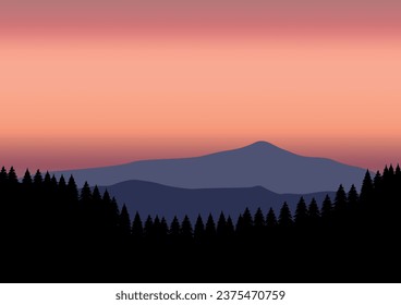 Landscape with mountains and pine forest at sunset. Vector illustration in flat style.
