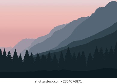 Landscape with mountains and pine forest. Vector illustration in flat style.