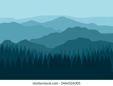 Landscape with mountains and pine forest. Vector illustration in flat style.