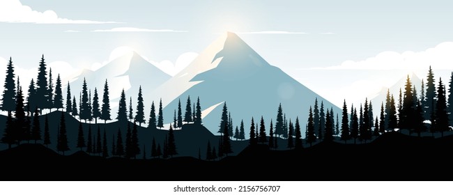 
Landscape of mountains and pine forests.
