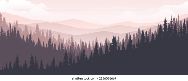 Landscape of mountains and pine forests in the morning or evening.