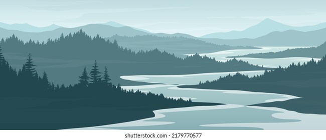 landscape of mountains and pine forests mountain and river mountain vector image Templates for designing presentations and posters.