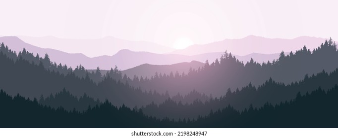 Landscape of mountains and pine forests. mountain silhouette For design templates, posters, natural background. Web pages and presentations.