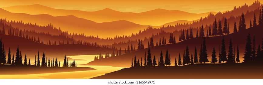 Landscape of mountains, pine forests and rivers, panorama.