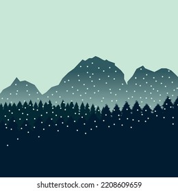 landscape with mountains and pine trees falling snow