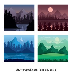 Landscape of mountains and pine trees frames icons design, nature and outdoor theme Vector illustration