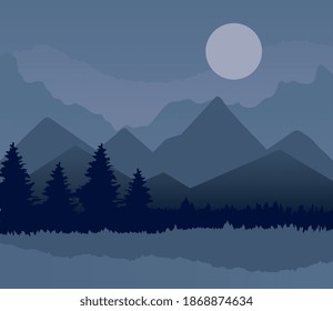 Landscape of mountains pine trees and moon on gray background design, nature and outdoor theme Vector illustration