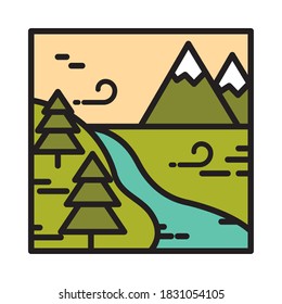 landscape mountains pine trees river meadow nature cartoon line and fill style vector illustration