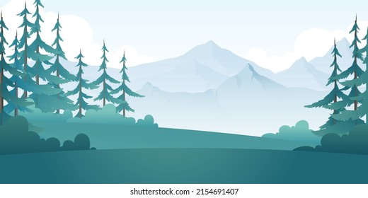 
Landscape of mountains and pines. Cartoon mountain scenery vector illustration.