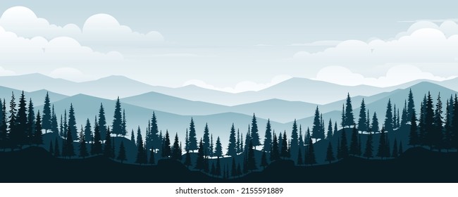 Landscape of mountains with pines and forests under the sky in the morning.