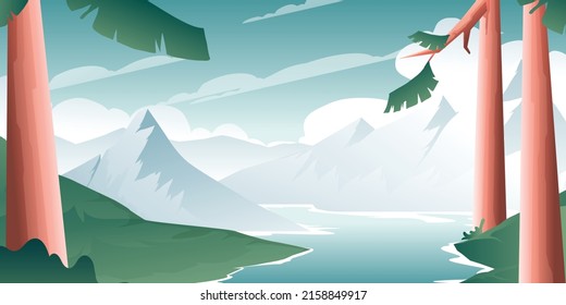 Landscape of mountains and pines Pine forest, mountains, rivers, cartoon style.