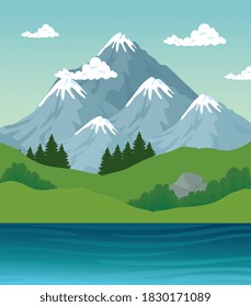 Paisaje de los pinos montañosos y diseño de los ríos, naturaleza y tema exterior Ilustración vectorial