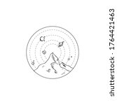 Landscape with mountains with planets above it inside the circle