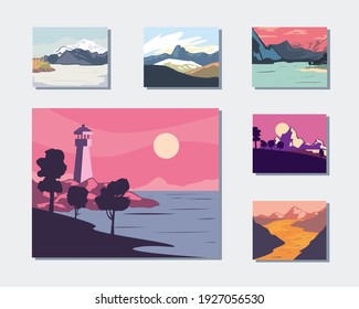 Landscape of mountains posters icon bunde design, nature and outdoor theme Vector illustration