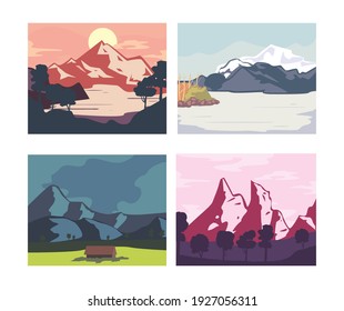 Landscape of mountains posters set design, nature and outdoor theme Vector illustration