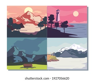 Landscape of mountains posters symbol collection design, nature and outdoor theme Vector illustration