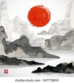 Landscape with mountains, red rising sun and sea. Traditional Japanese ink painting sumi-e. Contains hieroglyph - happiness.