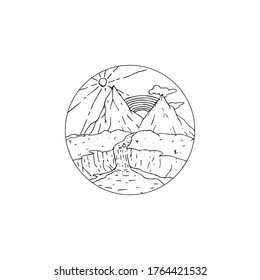 Landscape with mountains with a river against the sky with a sun and a rainbow inside the circle