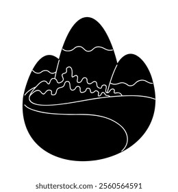 Landscape with mountains and river in black and white colors. Clip art for your projects.