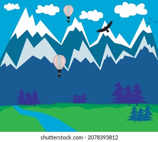 landscape with mountains, river, flying eagle and air balloon