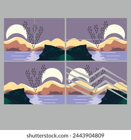 Landscape with mountains, river and forest. Vector illustration in flat style