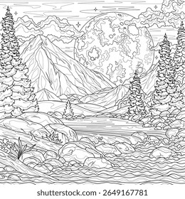 Landscape with mountains, river and full moon.Coloring book antistress for children and adults. Illustration isolated on white background.Zen-tangle style.Black and white