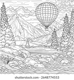 Paisagem com montanhas, rio e balão de ar quente. Livro de colorir antisstress para crianças e adultos. Ilustração isolada em fundo branco.Zen-tangle style.Black e branco