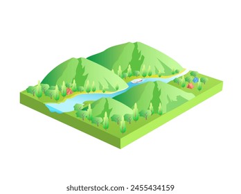 Paisaje de montañas y río. Dibujo isométrico de un río de montaña. Ilustración vectorial de concepto turístico