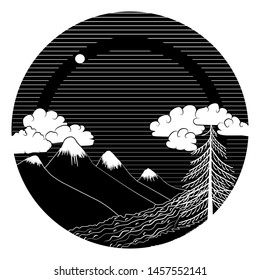 Landscape mountains, river, pine, clouds. Mountain landscape in a circle. High mountains and the river at their foot.