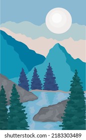 
landscape with mountains, river and pines in blue shades. Vector illustration
