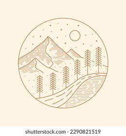 Landscape mountains river and pines vector line style for patch, pin, graphic, art t-shirt design